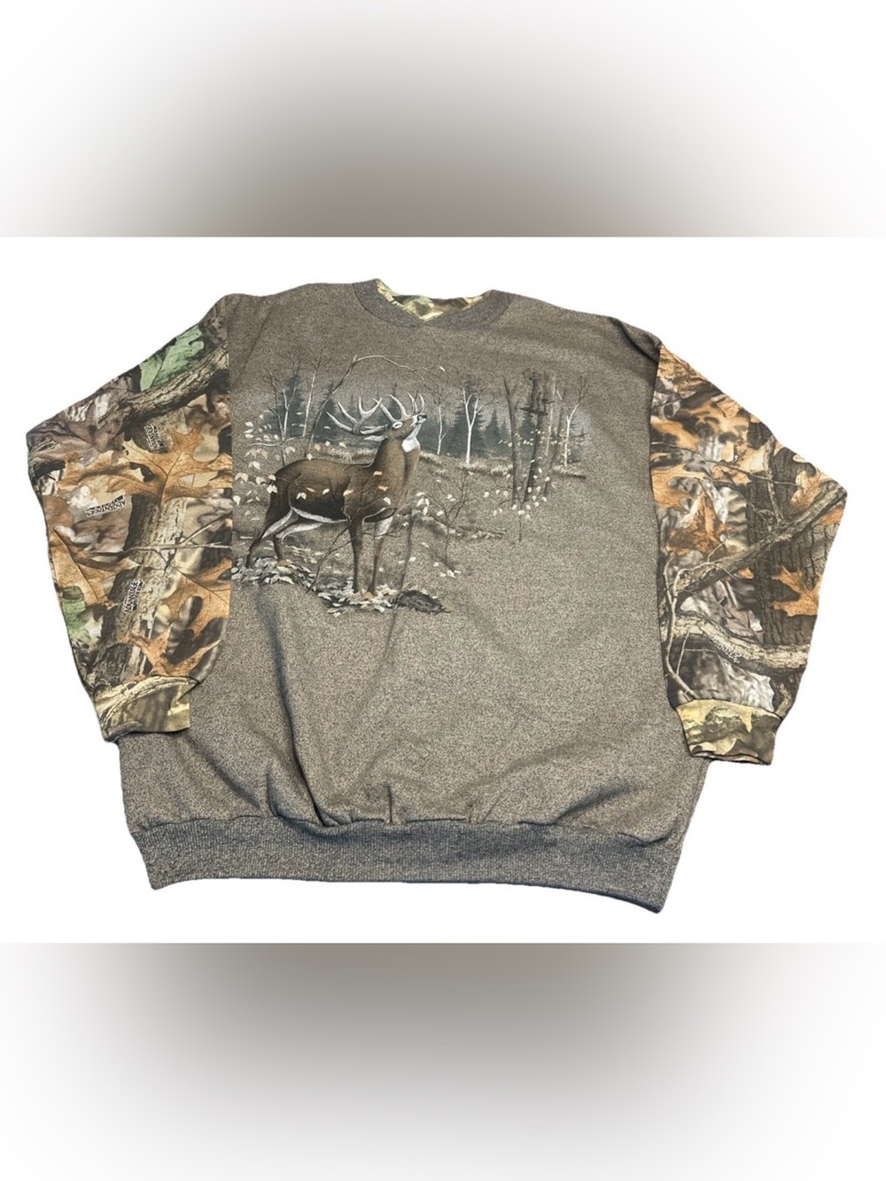 Vintage Artisans Mens XXL Deer Forest Graphic Sweatshirt Leaf Camouflage Sleeves - Picture 2 of 13